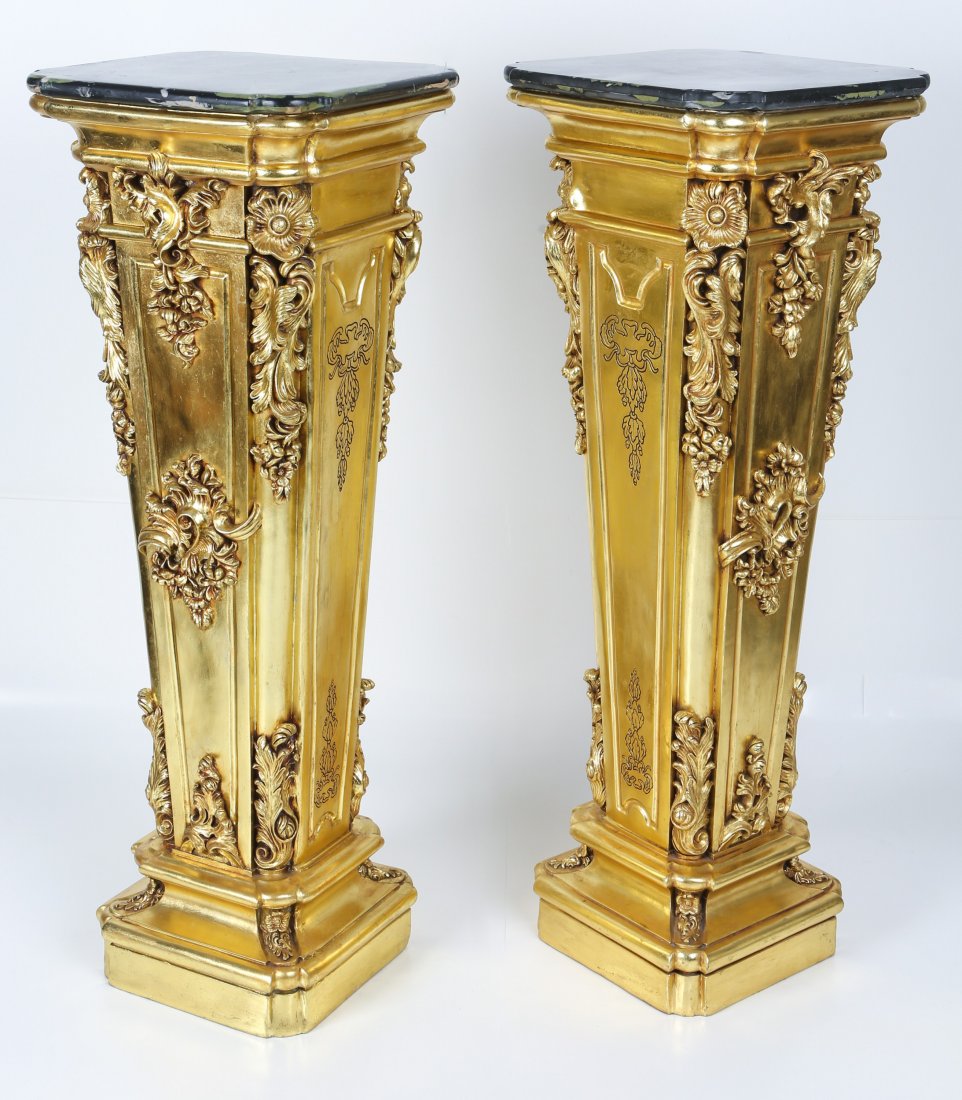 PAIR OF GILT PEDASTALS WITH FAUX MARBLE TOPS: PAIR OF GILT PEDASTALS WITH FAUX MARBLE TOPS Pair of Art Frame Direct 10872937 Timeless Reflections Chigi Della Pedestals in Gold Leaf. Size: 16.5 x 16.5 x 46"