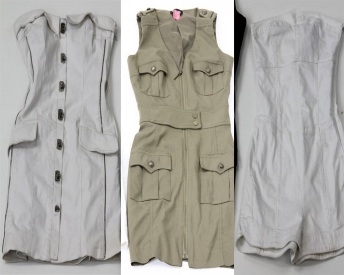 BEBE & GUESS FASHION DRESSES: BEBE & GUESS FASHION DRESSES Lot of three dress; Includes two Bebe dress, green (0) and white (00), and a Guess jeans denim strapless jumper, size 24.