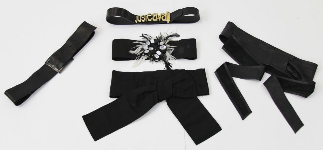 (5) DESIGNER BLACK BELTS: (5) DESIGNER BLACK BELTS Lot of five designer belts; Predominately black in color, includes Dolce & Gabbana, 38, Bebe, S, Jitrois, Bebe feather waist belt, S, an Roberto Cavalli, 75 (Euro).