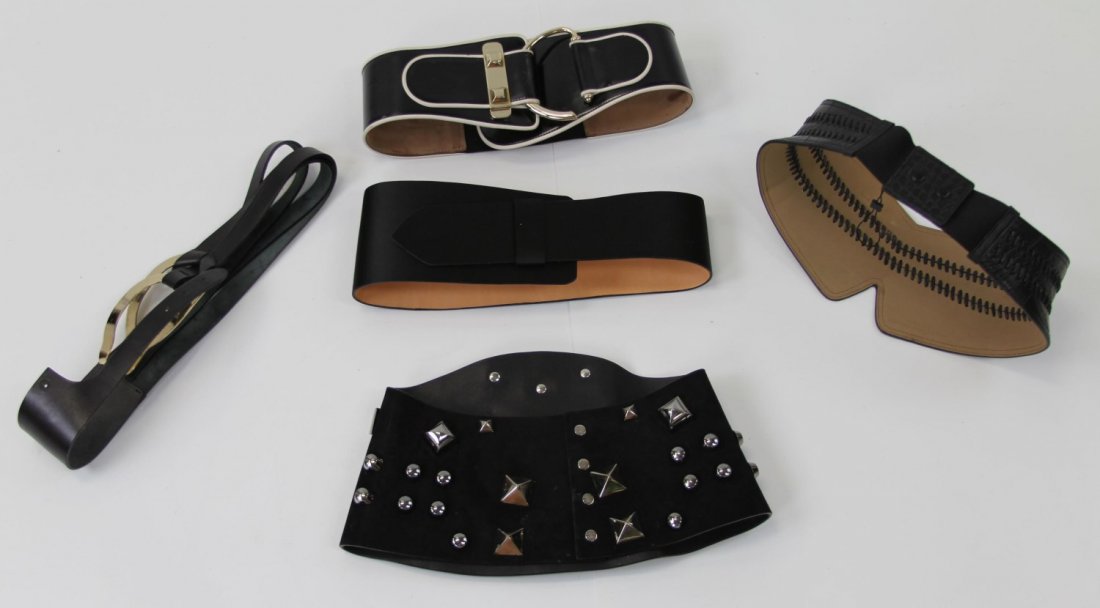(5) DESIGNER FASHION BELTS: (5) DESIGNER FASHION BELTS Lot of five; BCBG black leather sewn waist belt, S, Elastic black and white patent leather Gucci belt, 30", Giuseppe Zanotti black satin waist belt, S, Roberto Cavalli wide