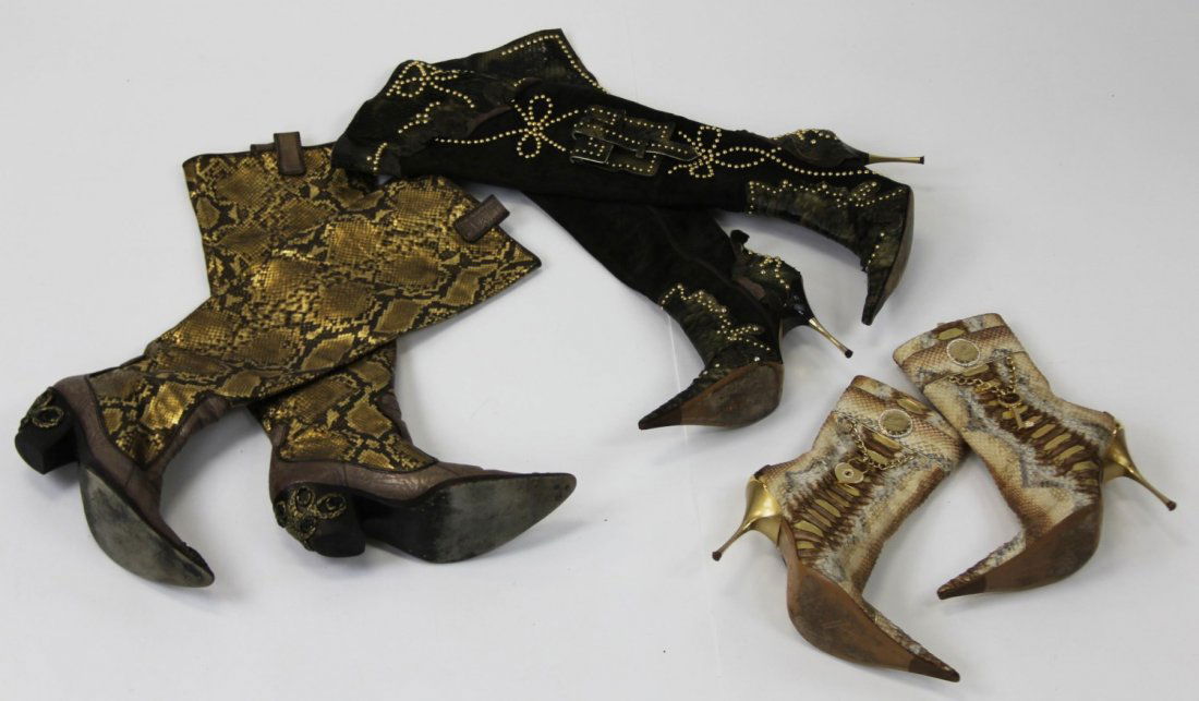 (3) PAIRS OF FAUX SNAKESKIN BOOTS W/ HEELS: (3) PAIRS OF FAUX SNAKESKIN BOOTS W/ HEELS Three pairs of faux snakeskin boots with heels. Includes: Giuseppe Zanotti, and two pairs of Hamlet Couture. Size: 40-41 (Europe)