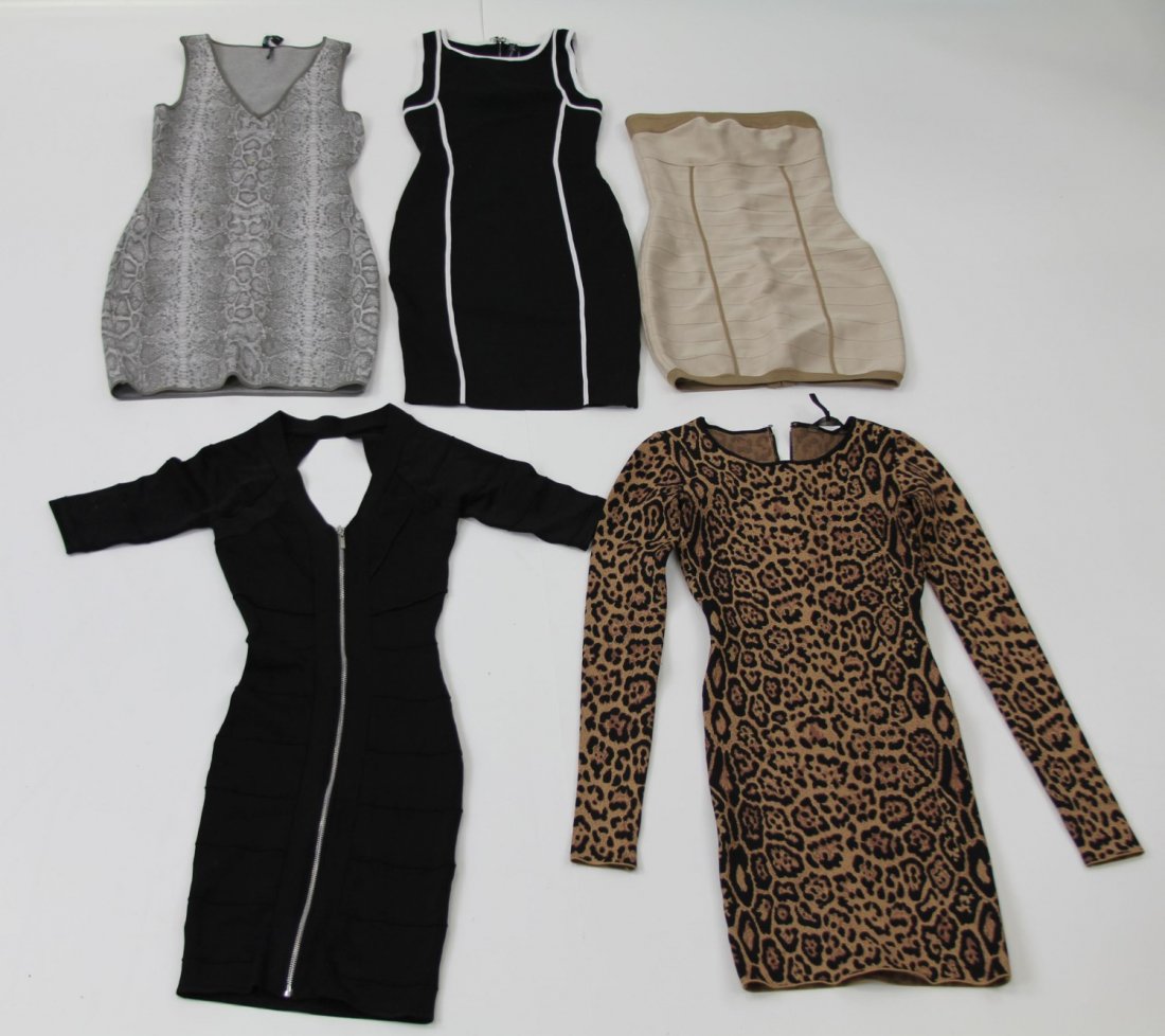 (5) DESIGNER DRESSES: (5) DESIGNER DRESSES Lot of five designer dresses. Includes BCBG jaguar print dress, XXS, Guess snake skin dress, XS, Guess black and white, XS, Guess strapless taupe bandage, XS, Marciano black banda
