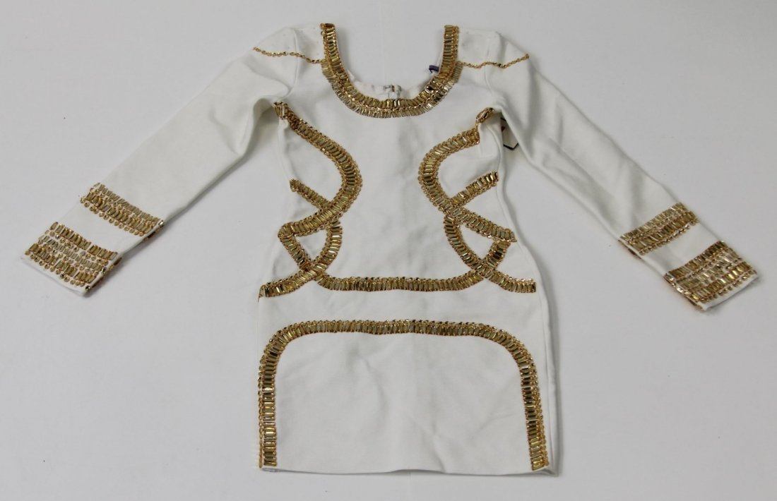HERVE LEGER GOLD RHINESTONE WHITE DRESS: HERVE LEGER GOLD RHINESTONE WHITE DRESS Herve Leger gold rhinestone decorated white rayon and spandex dress. Size: XS