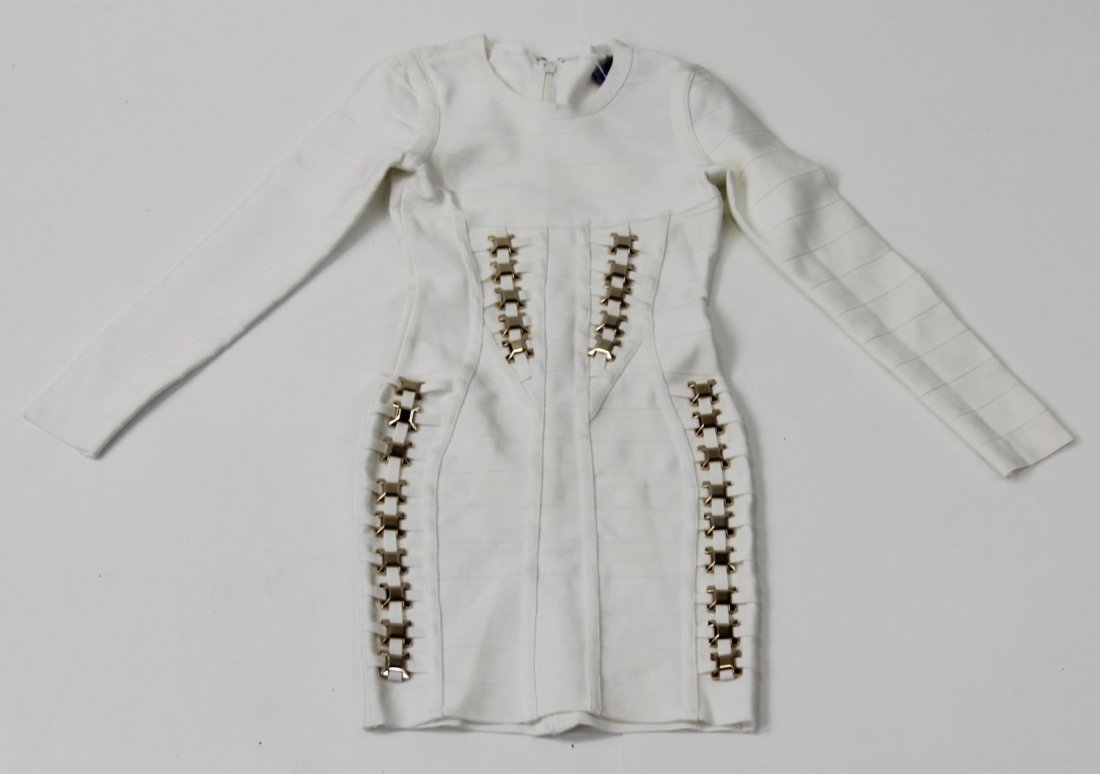 HERVE LEGER WHITE & GOLD METAL DRESS: HERVE LEGER WHITE & GOLD METAL DRESS Herve Leger white long sleeve dress with gold metal accents. Size: XS