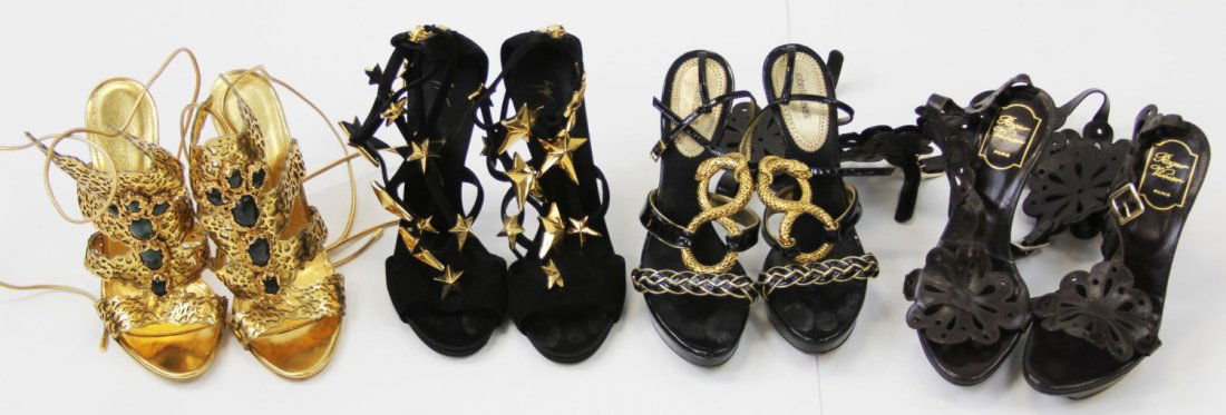 (4) PAIRS OF DESIGNER STILETTO HEELS: (4) PAIRS OF DESIGNER STILETTO HEELS Four pairs of designer stiletto heels. Includes: Roberto Cavalli, Roger Vivier, Giuseppe Zanotti, and Sergio Rossi. Size: 39-41 (Europe)