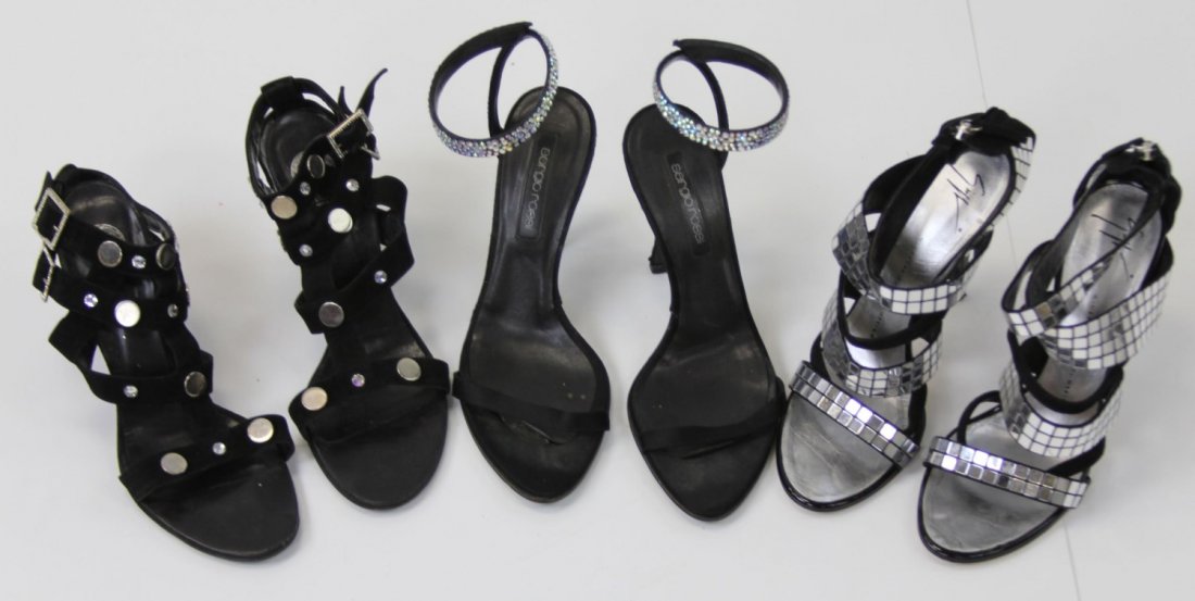 (3) PAIRS OF DESIGNER SANDAL HEELS: (3) PAIRS OF DESIGNER SANDAL HEELS Three pairs of designer sandal heels with rhinestone details. Includes: Versace, Giuseppe Zanotti, and Sergio Rossi. Size: 40 (Europe)