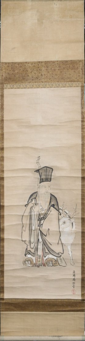 CHINESE CALLIGRAPHY SCROLL OLD MAN WITH GOAT: CHINESE CALLIGRAPHY SCROLL OLD MAN WITH GOAT Chinese calligraphy painting to paper with embroidery trim. Image consists of sage with goat. Five characters with stamp to bottom right. Size: ~52 x 17"