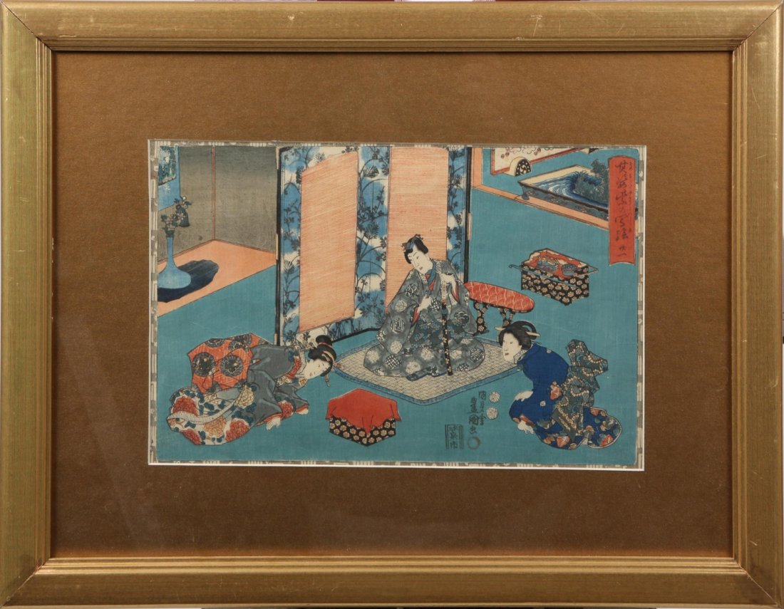 JAPANESE UKIYO-E WOODBOCK PRINT TEA CEREMONY: JAPANESE UKIYO-E WOODBOCK PRINT TEA CEREMONY Japanese ukiyo-e woodblock print, tea ceremony, signed, framed and matted under glass in gilt wooden frame. Image size: 8.5 x 13.5". Size: 17 x 21.75" fram