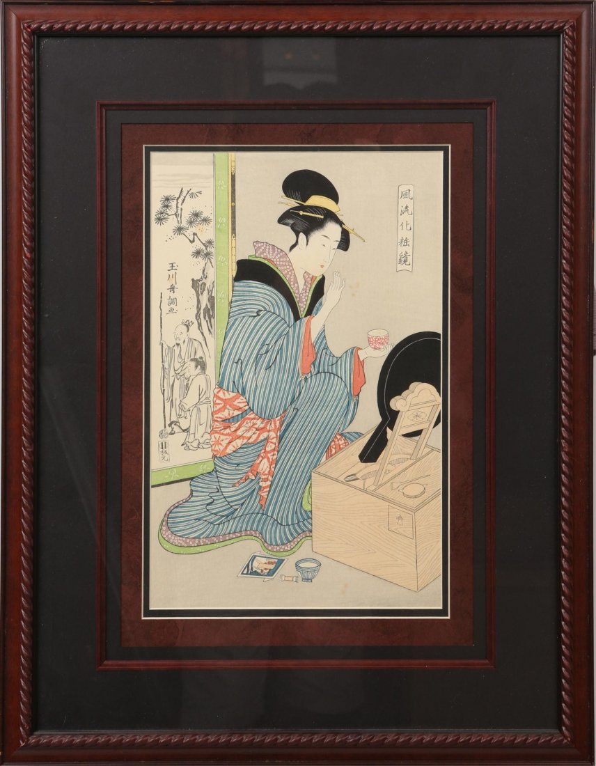 JAPANESE UKIYO-E WOODBOCK PRINT COURTESAN PORTRAIT: JAPANESE UKIYO-E WOODBOCK PRINT COURTESAN PORTRAIT Japanese ukiyo-e woodblock print, after Tamagawa Shucho, "The Courtesan Nishikie of Wakanaya kneeling Before a Mirror Stand from an untitled series o