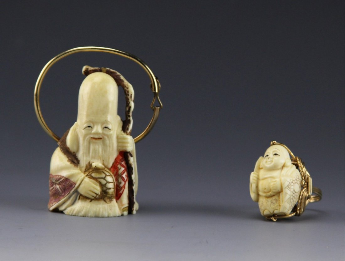 JAPANESE IVORY JEWELRY NETSUKE & OKIMONO: JAPANESE IVORY JEWELRY NETSUKE & OKIMONO Japanese polychrome ivory netsuke figure of Shou Lao, the God of Longevity; figure has been fashioned into a pendant with gold filled accent. Small ivory okimo