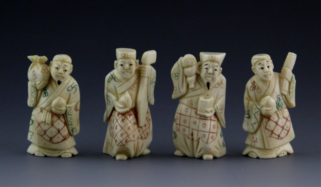 (4) SIGNED POLYCHROME NESTUKES: (4) SIGNED POLYCHROME NESTUKES Four auspicious carved polychrome ivory netsuke figures. All feature same signature to bottom. Weight: 68.4 g Size: 2"
