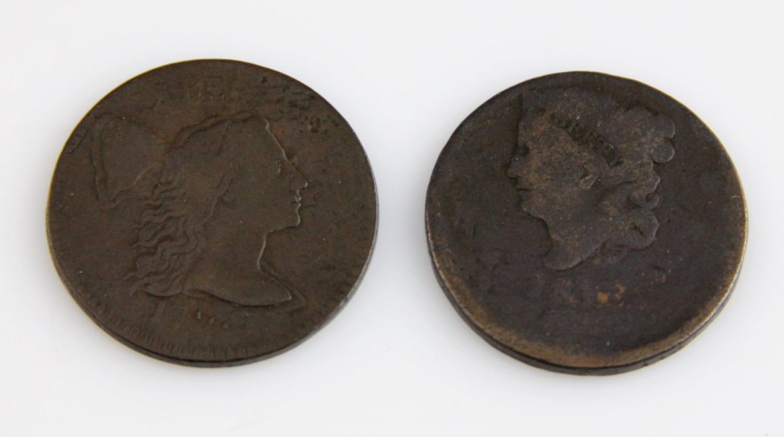 (2) US 1795 & UNKNOWN LARGE CENT MINT ERROR COINS: (2) US 1795 & UNKNOWN LARGE CENT MINT ERROR COINS Lot of two; 1795 Double struck Liberty Cap large cent piece, and Matron head large cent penny; date unknown.