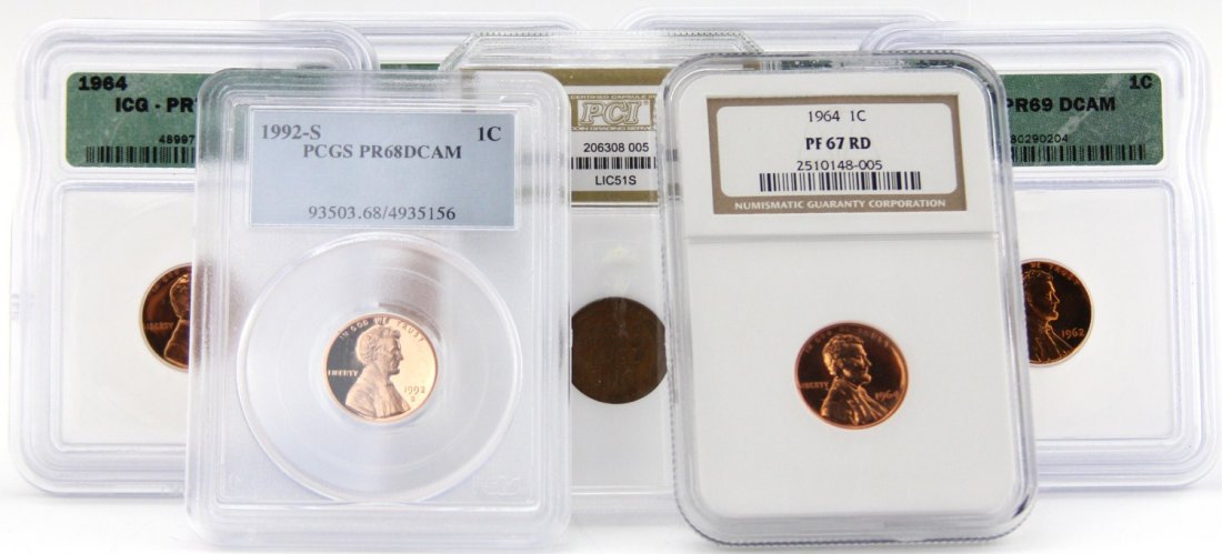 (7) 1951 - 1992 1C US LINCOLN NGC PCGS ICG & PCI: (7) 1951 - 1992 1C US LINCOLN NGC PCGS ICG & PCI Lot of seven US 1c Lincoln pennies; Includes PCI graded 1951-SVF 35, ICG graded 1961 PR 69 Deep cameo, 1962 PR 69 Deep cameo, 1963 PR 69 Deep cameo, 19