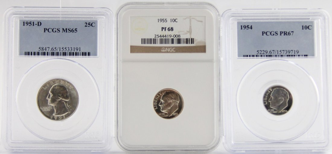 (2) 1954 1955 10C & (1) 1951-D 25C PCGS NGC CERT: (2) 1954 1955 10C & (1) 1951-D 25C PCGS NGC CERT Lot of three coins total; Includes (2) Roosevelt dimes and (1) Washington quarter; PCGS graded 10c 1954 PR 67 and NGC 10c 1955 PF 68; PCGS graded 25c M