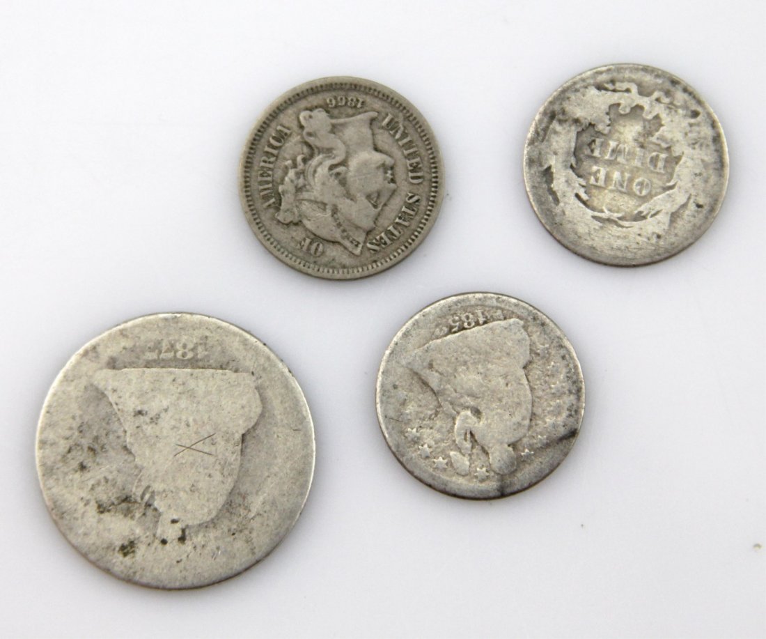 (4) CIRCULATED US SILVER COINS: (4) CIRCULATED US SILVER COINS Includes: seated Liberty quarter, (2) seated Liberty dimes, and one 3 cent piece.