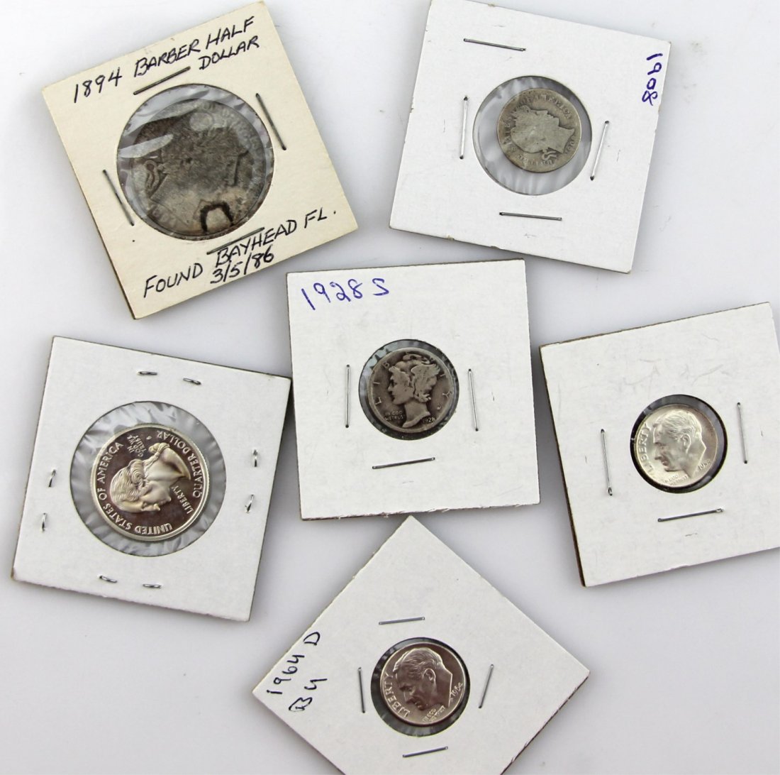 (6) 1894-2000 US 90% SILVER COINS: (6) 1894-2000 US 90% SILVER COINS Includes: 1894 Barber half dollar, 1928 S Mercury dime, 1908 Mercury dime, 1953 Roosevelt dime, 1964 Roosevelt dime, and 2000 Maryland quarter.