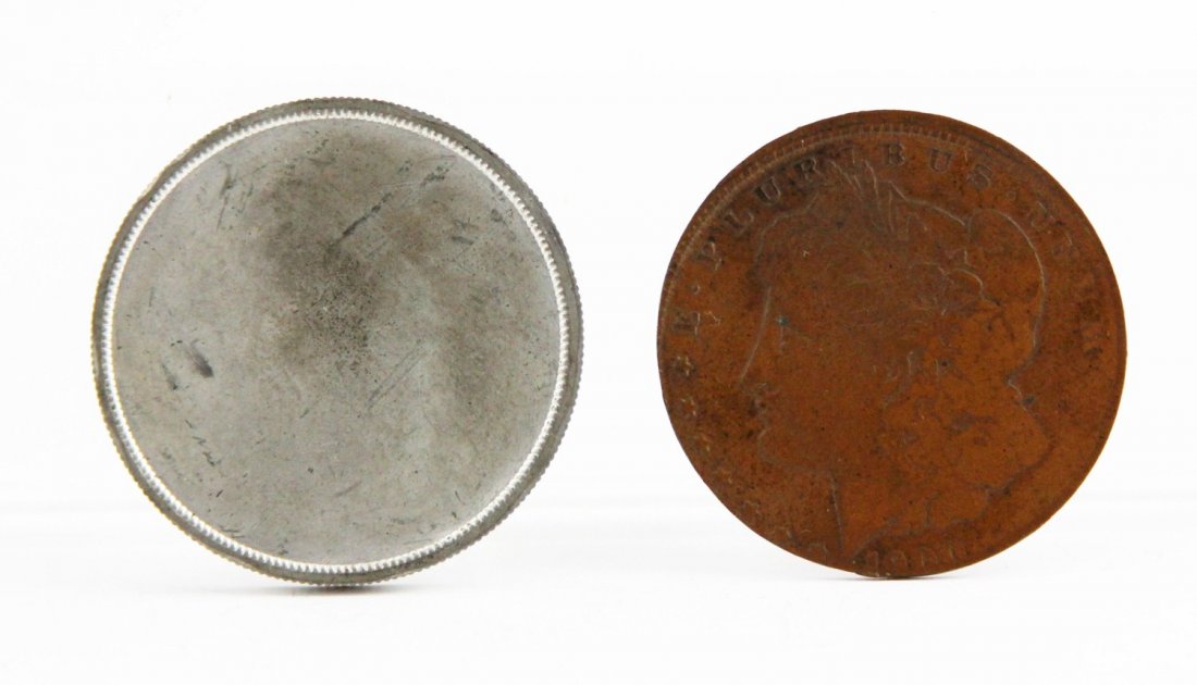 (2) US BLANK SILVER DOLLAR PLANCHET & 1900 COIN: (2) US BLANK SILVER DOLLAR PLANCHET & 1900 COIN Lot of two; One US silver one dollar with blank face, and large coin dated 1900, no obverse.