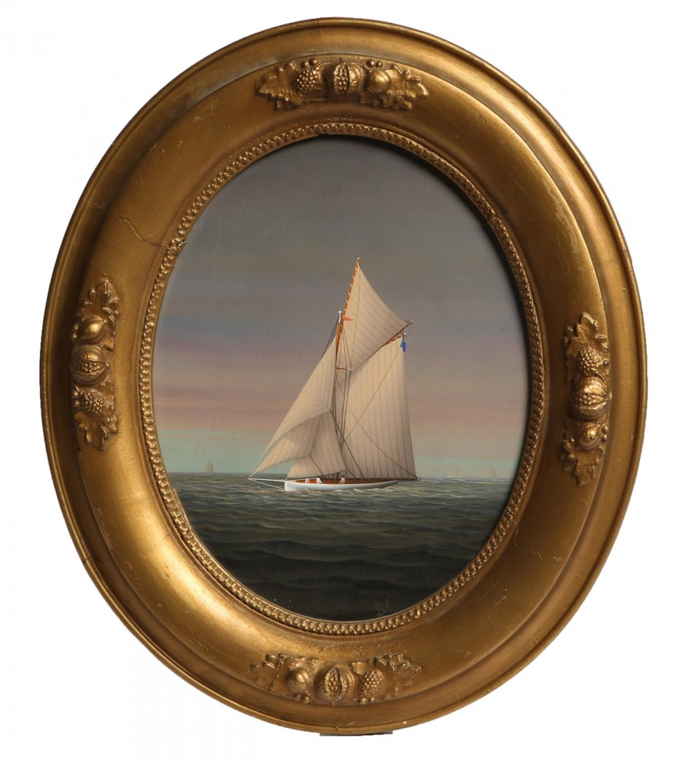 AMERICAN SCHOOL OIL ON BOARD NAUTICAL SCENE: AMERICAN SCHOOL OIL ON BOARD NAUTICAL SCENE American School, oil on board, signed with initials "DSN", framed in gilt oval frame. Size: 10 x 8" board