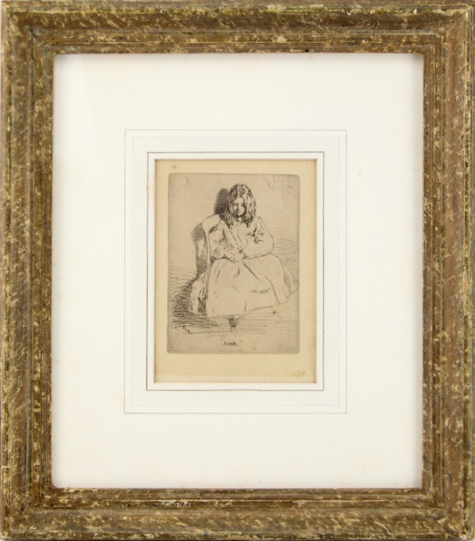 JAMES A MCNEILL WHISTLER SEATED ANNIE ETCHING: JAMES A MCNEILL WHISTLER SEATED ANNIE ETCHING James Abbott McNiell Whistler (American, 1834-1903), original etching "Seated Annie", late 19th C., signed in plate lower left. Plate size; 5.125 x 3.75" 