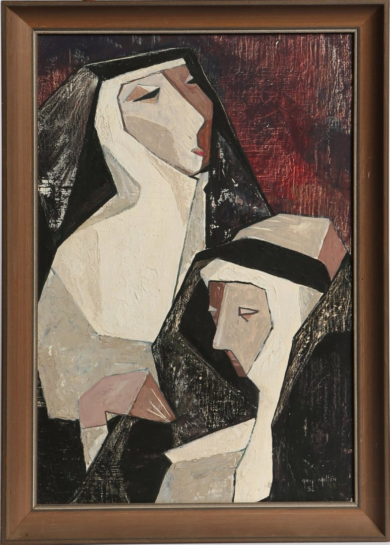 TALLAHASSEE ARTIST GEORGE MILTON OIL ON BOARD: TALLAHASSEE ARTIST GEORGE MILTON OIL ON BOARD George Milton (American, 1919-2005), oil on board, portrait of two nuns, signed G. Milton '52 bottom right. Framed. From Tallahassee estate. Size: 14.5 x 