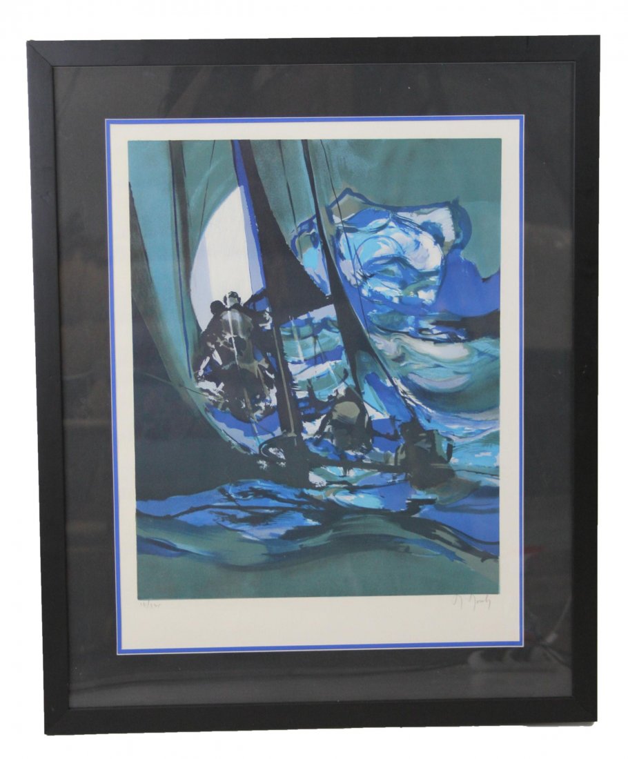 MARCEL MOULY YACHTING BLUE SIGNED COLOR LITHO: MARCEL MOULY YACHTING BLUE SIGNED COLOR LITHO Marcel Mouly (French, 1918-2008), color lithograph, "Yachting Blue", signed bottom right, numbered 181 of 275. Framed and matted under plexi in black fram