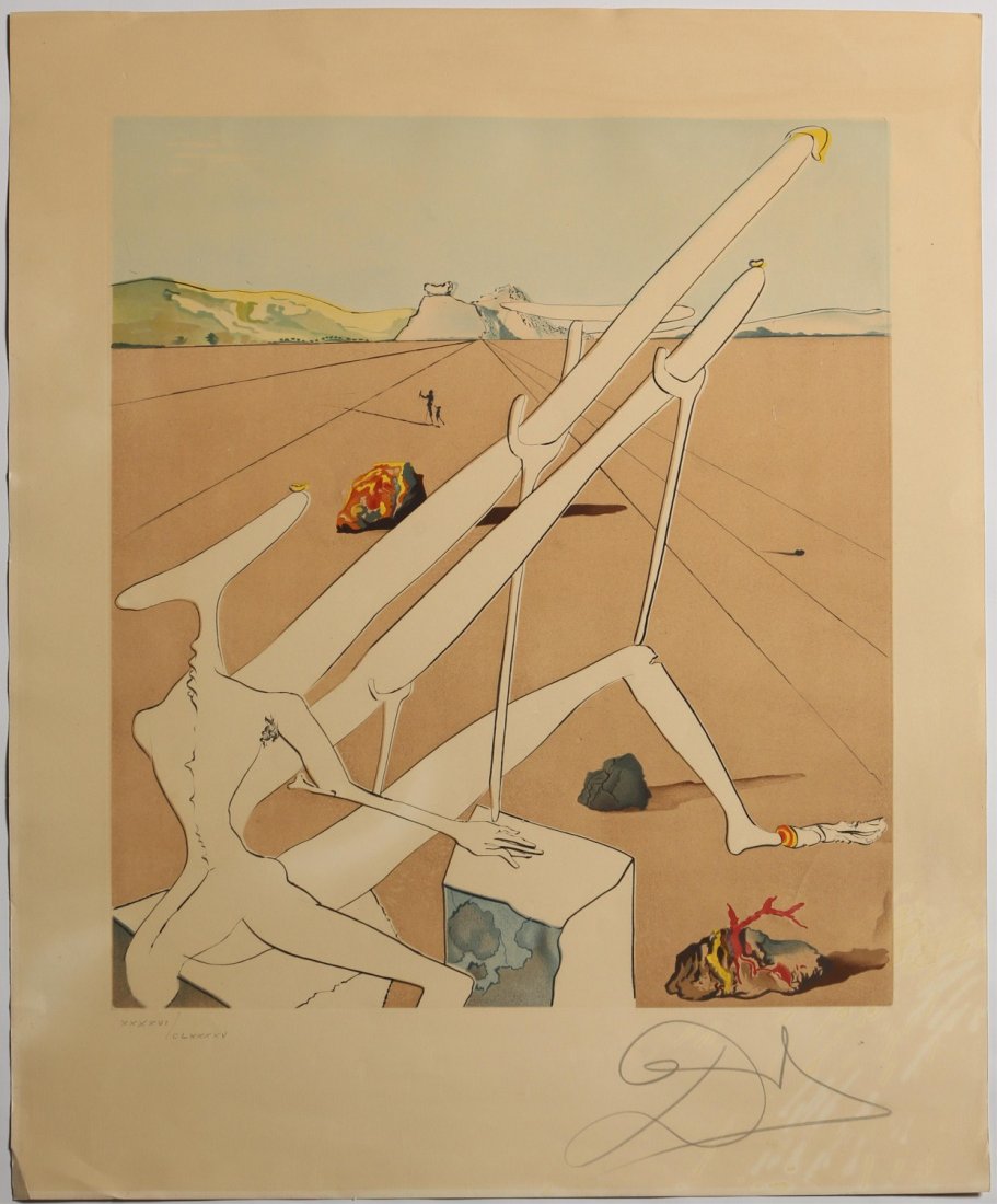 SALVADOR DALI MARTIAN DALI SIGNED ENGRAVING 1974: SALVADOR DALI MARTIAN DALI SIGNED ENGRAVING 1974 Salvador Dali (Spanish, 1904 - 1989), Martian Dali Equipped with a Double Holoelectronic Microscope, from the Conquest of the Cosmos suite of prints, 1