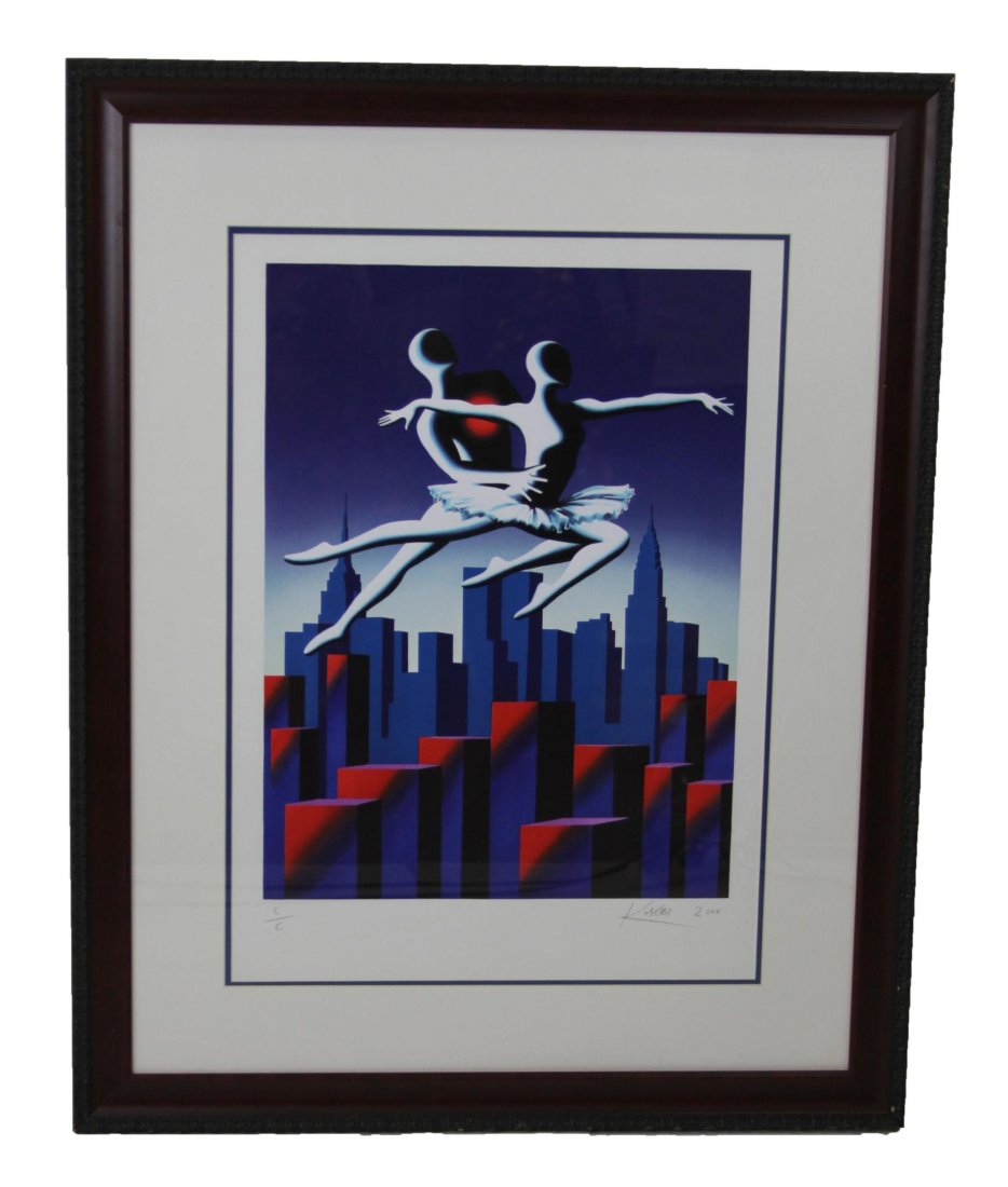 MARK KOSTABI CITY BALLET 2000 SIGNED SERIGRAPH: MARK KOSTABI CITY BALLET 2000 SIGNED SERIGRAPH Mark Kostabi (American, b.1960), Serigraph, Ballerinas dancing over city skyline, signed "Kostabi 2000, CC". Framed and matted under glass in wooden fram