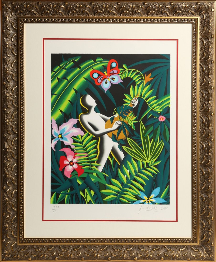 MARK KOSTABI CALL OF NATURE SIGNED LITHOGRAPH: MARK KOSTABI CALL OF NATURE SIGNED LITHOGRAPH Mark Kostabi (American, b.1960), Call of Nature, lithograph, number XCI/C, signed in pencil "Kostabi 2000". Framed. Image size: 18.5 x 23.5". Size: 33.25 