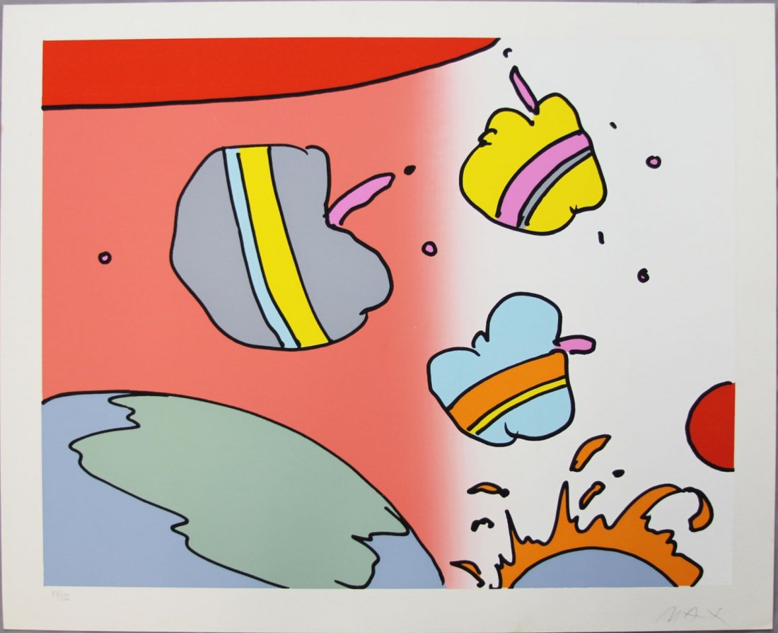 PETER MAX SPACE RAINBOW SIGNED SILKSCREEN: PETER MAX SPACE RAINBOW SIGNED SILKSCREEN Peter Max, "Space Rainbow," signed silkscreen. Printer's proof III. Printed on Arches paper. Image size is 24.5 x 19". Signed in pencil on the bottom right. N