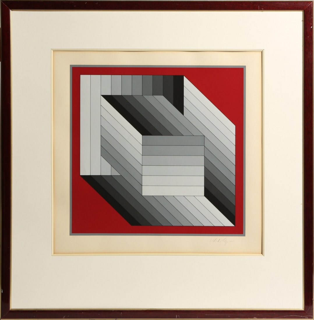 VICTOR VASARELY SIGNED SERIGRAPH LE: VICTOR VASARELY SIGNED SERIGRAPH LE Victor Vasarely (French/Hungarian, 1906-1997), gradient cubes on red background, signed bottom right in pencil, numbered 188 of 200. Framed in red lacquer and gilt 