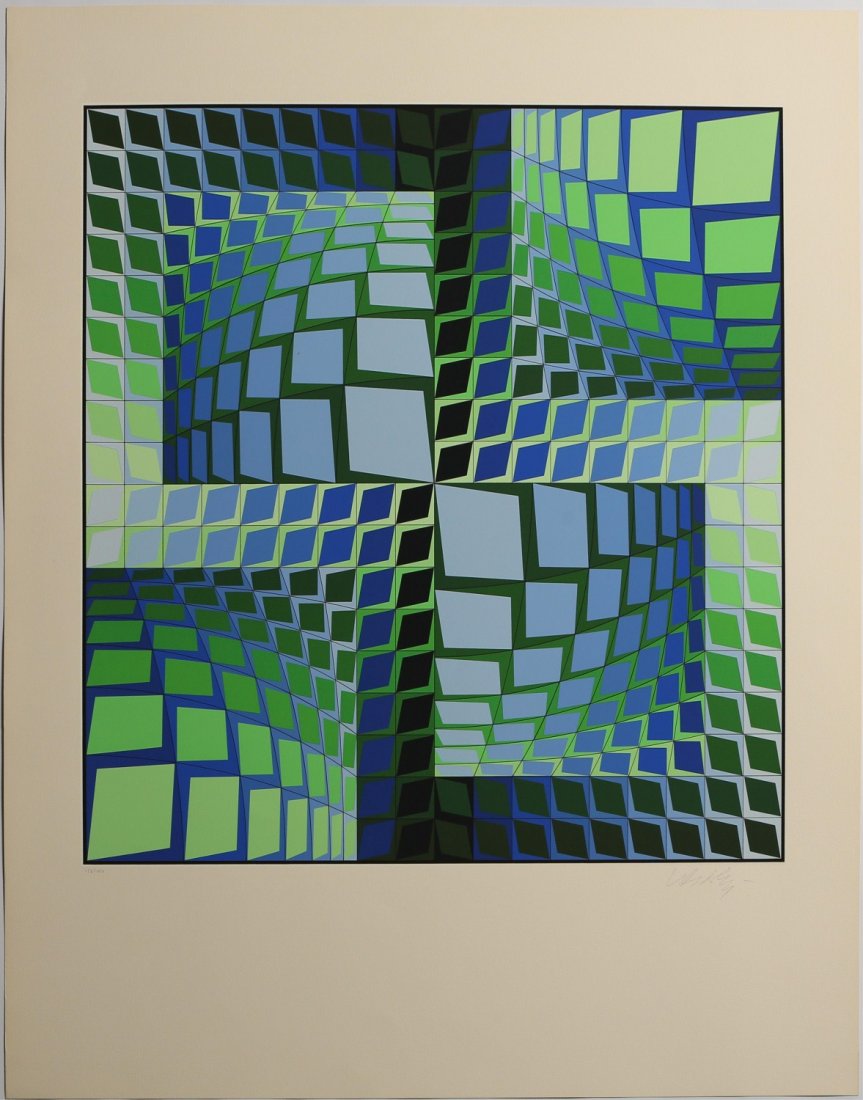 VICTOR VASARELY THEZ SIGNED SERIGRAPH 1982: VICTOR VASARELY THEZ SIGNED SERIGRAPH 1982 Victor Vasarely, Hungarian (1908 - 1997), Thez, signed Serigraph, limited edition of 250, numbered 156. Signed in pencil bottom right. Image size: 25 x 25". 
