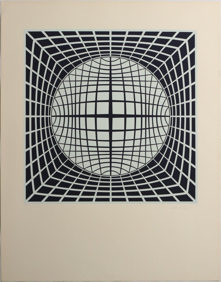 VICTOR VASARELY TER-UR SIGNED SERIGRAPH 1980: VICTOR VASARELY TER-UR SIGNED SERIGRAPH 1980 Victor Vasarely, Hungarian (1908 - 1997), Thez, signed Serigraph, limited edition of 250, numbered 5. Signed in pencil bottom right. Image size: 24.5 x 24.