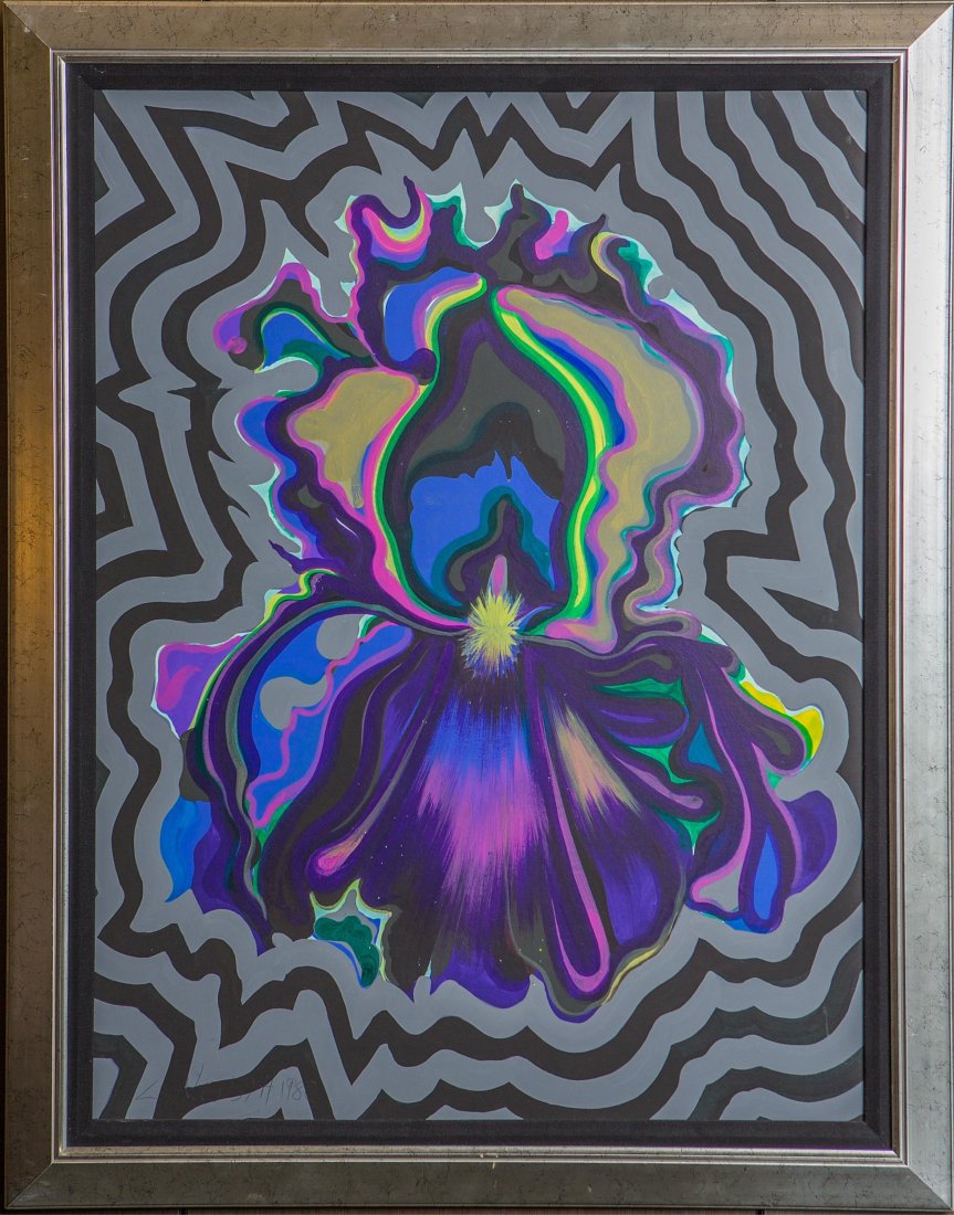 LOWELL BLAIR NESBITT ELECTRIC IRIS 1980 OIL/BOARD: LOWELL BLAIR NESBITT ELECTRIC IRIS 1980 OIL/BOARD Lowell Blair Nesbitt (American 1933-1993). Original painting, oil on 30 x 40" illustration board, Electric Iris, purple palate, signed bottom left "L.