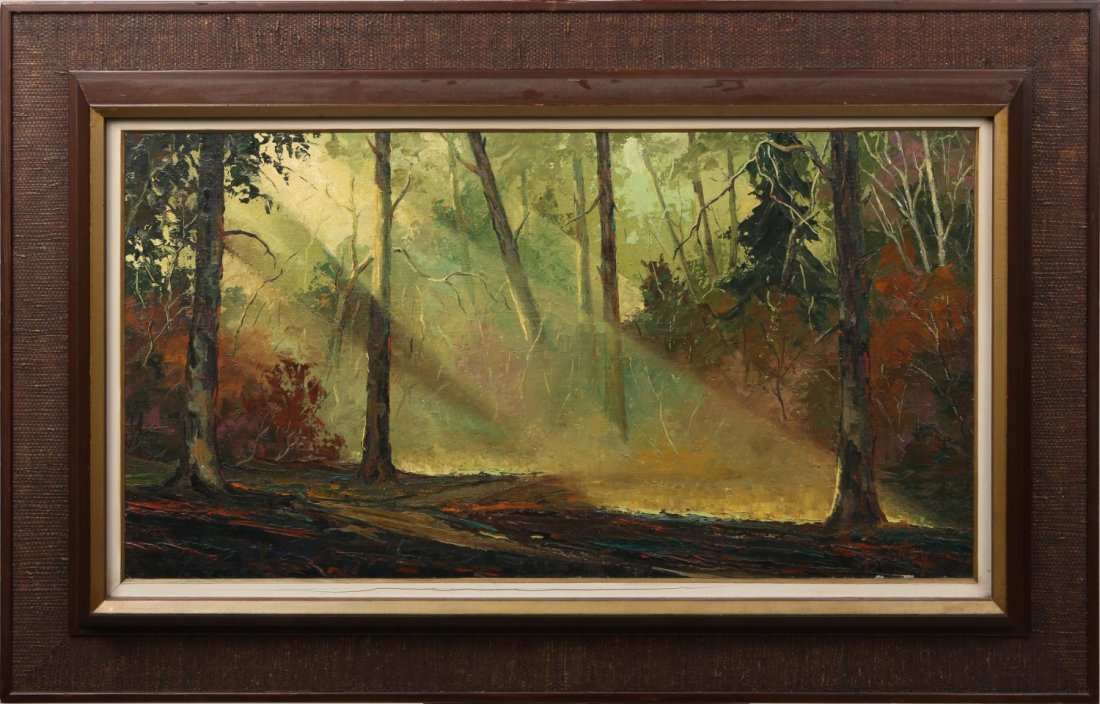 JIM BENTLEY INDIAN SUMMER BELLPORTY NY OIL / BOARD: JIM BENTLEY INDIAN SUMMER BELLPORTY NY OIL / BOARD James "Jim" William Bentley (American, 1922-2003), illustrator/pulp artist, known for his Western genre works. Oil on board, landscape, nice light an