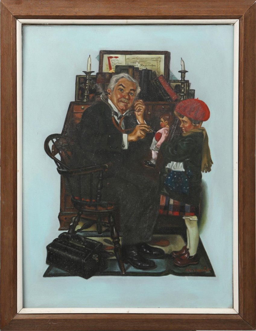 AC CAGUIOT AFTER NORMAN ROCKWELL DOCTOR AND DOLL: AC CAGUIOT AFTER NORMAN ROCKWELL DOCTOR AND DOLL Oil on canvas, copy after "Doctor and Doll" by Norman Rockwell, signed "A C Coguiot" bottom right. Framed in wooden frame. Size: 21.5 x 27.5" framed