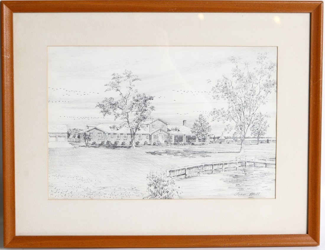 JOHN MOLL PENCIL DRAWING OF A RESIDENCE: JOHN MOLL PENCIL DRAWING OF A RESIDENCE Finely executed pencil drawing of a residence by American artist John Moll (1909-1999), set in a simple wood frame and cream mat. Signed "John Moll" in bottom r