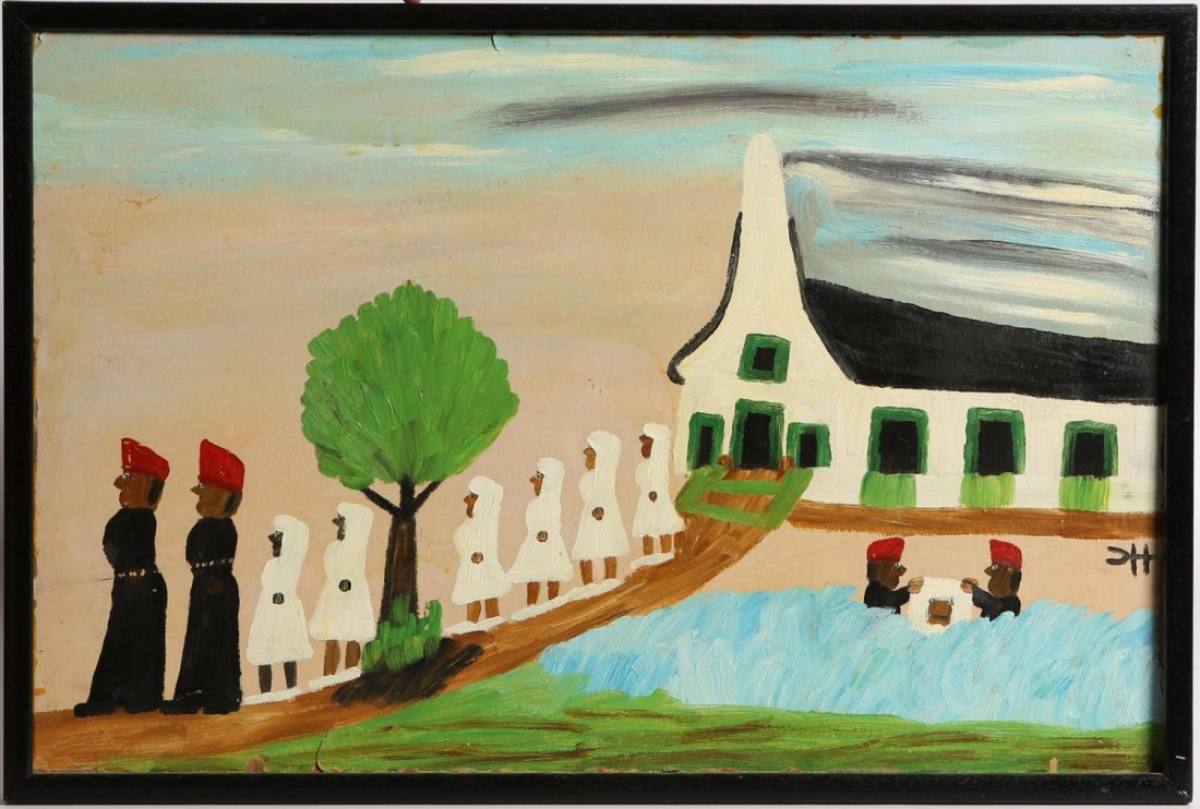 CLEMENTINE HUNTER BAPTISM OIL ON BOARD: CLEMENTINE HUNTER BAPTISM OIL ON BOARD African-American folk artist Clementine Hunter (1887-1988), oil on canvas depicting baptism scene, earlier work. Signed on right side of board. Set in simple bla