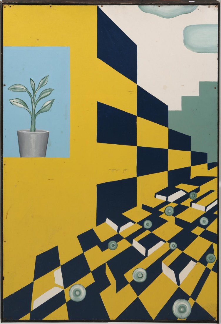 OUTSIDER ARTIST T LEE STILL LIFE W/ CARS OIL BOARD: OUTSIDER ARTIST T LEE STILL LIFE W/ CARS OIL BOARD T Lee the Painter (Thomas Lee Janezic), Milwaukee self-taught artist. Still life view of plant in window overlooking street filled with cars. Not sig