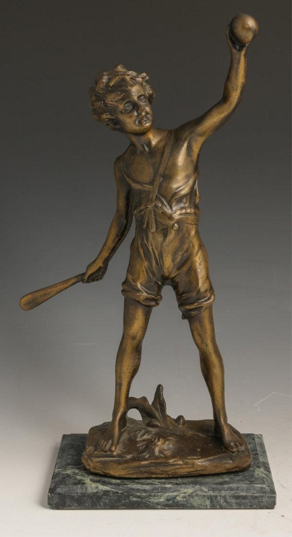 BRONZE FRANZ IFFLAND PADDLE BALL PLAYER STATUE: BRONZE FRANZ IFFLAND PADDLE BALL PLAYER STATUE Bronze Franz Iffland paddle ball player statue attached to a marble base. With "F. Iffland" on the back of the statue at his feet. Size: 15"