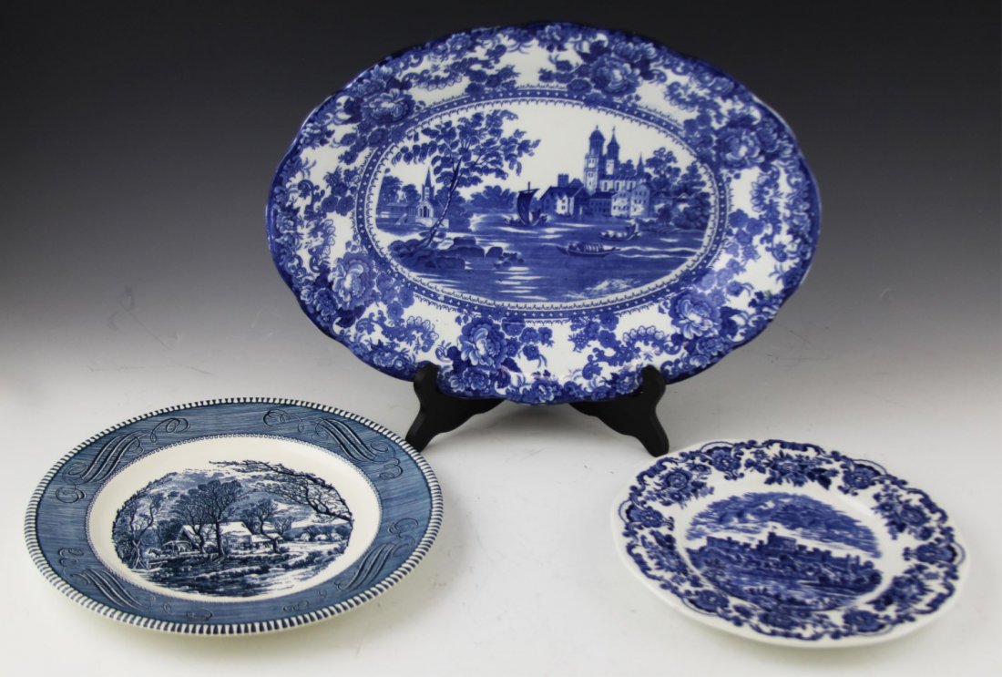 (3) BLUE AND WHITE CERAMIC DISHES: (3) BLUE AND WHITE CERAMIC DISHES Three blue and white ceramic dishes. Includes a plate by Royal Homes of Britain Enoch Wedgewood Ltd (8.75"), a plate by Royal (10"), and a platter by Colonial Pottery