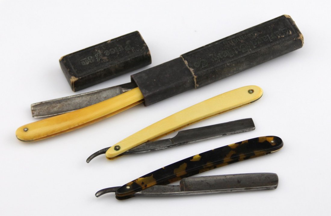 (3) VINTAGE STRAIGHT RAZORS: (3) VINTAGE STRAIGHT RAZORS Lot of three vintage straight razors, early 20th C.; includes two faux ivory composite, one Garland Cutlery Co. with original box; and tortoiseshell Ontario Cutlery Co. Gen