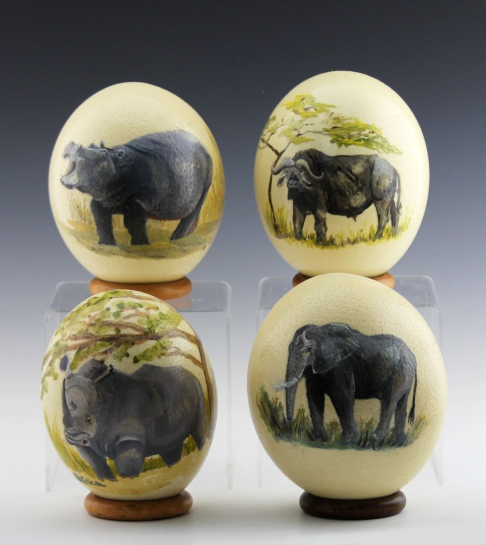 (4) AFRICAN HANDPAINTED OSTRICH EGG SHELLS