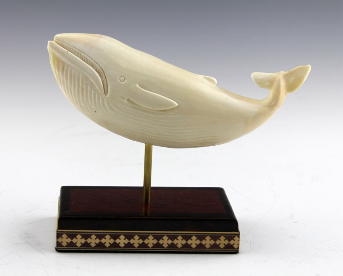 CARVED WALRUS IVORY WHALE CARVING WITH BASE