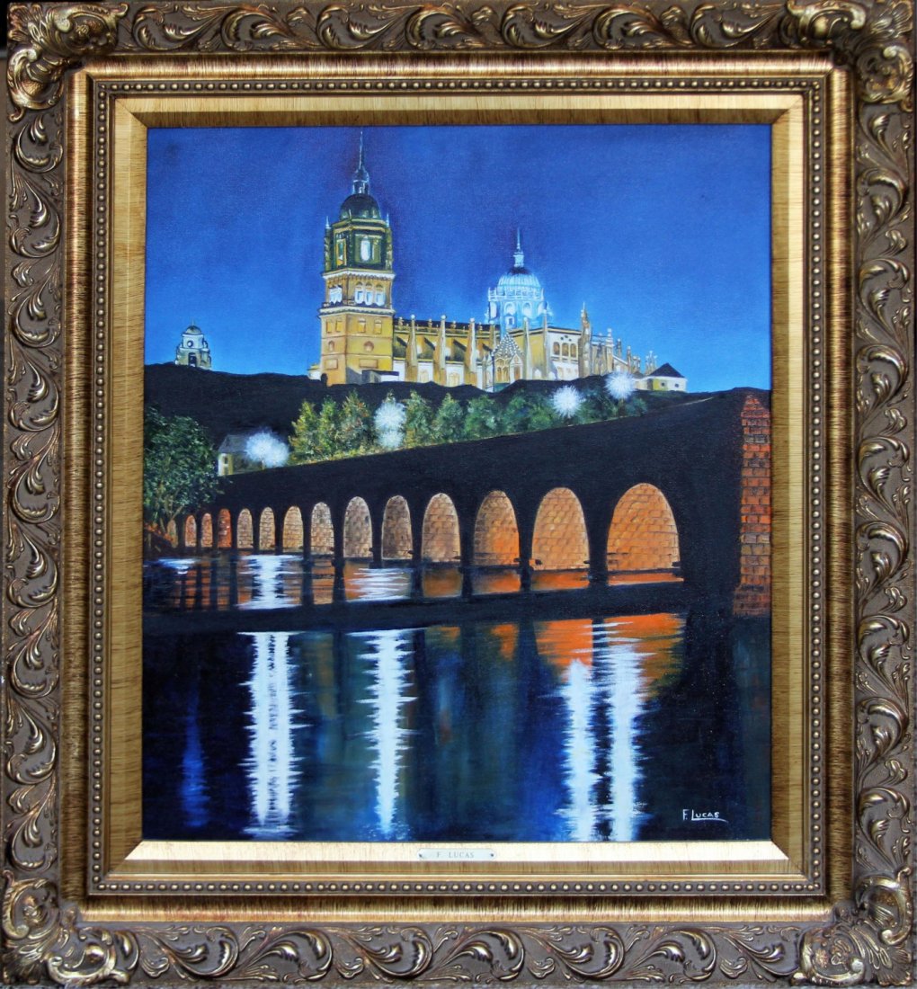 F. LUCAS CATHEDRAL TOWERS SALAMANCA SPAIN CUBAN: F. LUCAS CATHEDRAL TOWERS SALAMANCA SPAIN CUBAN F. Lucas (Cuban, Contemporary), "Cathedral Towers, Salamanca, Spain", oil on canvas, 20 x 24", signed bottom right, framed in gilt frame. Size: 28 x 32"
