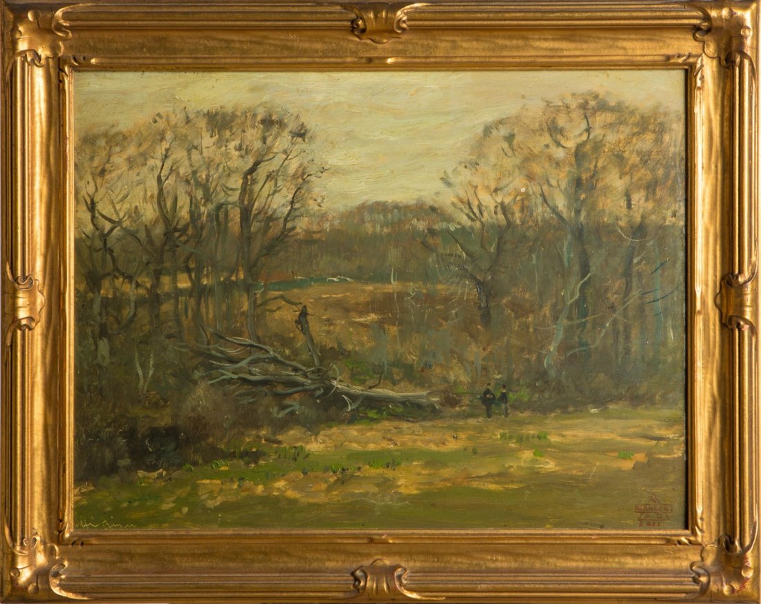 HENRY WARD RANGER LANDSCAPE ON BOARD 19TH CENTURY: HENRY WARD RANGER LANDSCAPE ON BOARD 19TH CENTURY Henry Ward Ranger (American, 1858-1916), oil on board, 16 x 12", landscape with fallen tree, dark brown and green palate, signed bottom left, with est