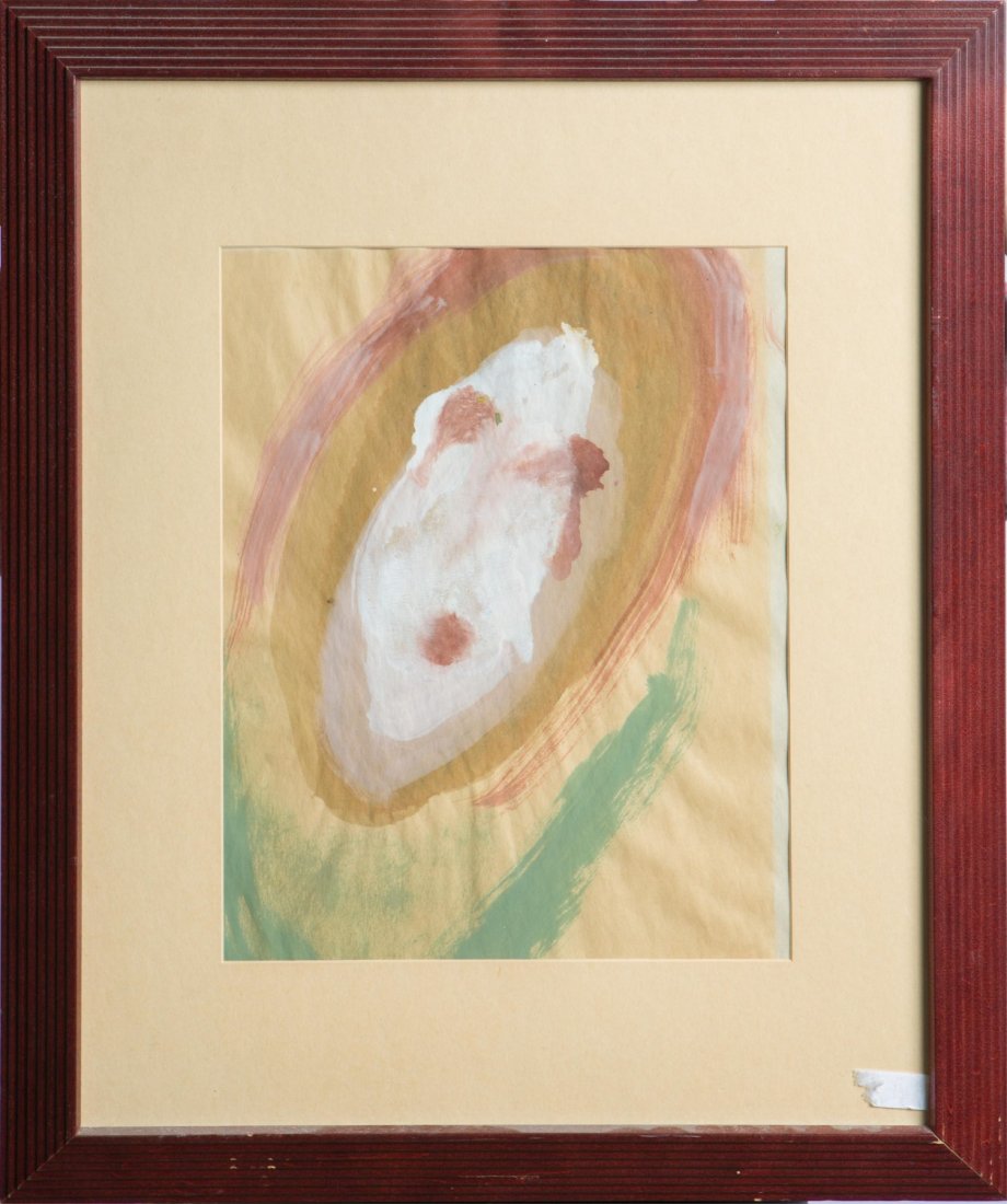 SYBIL GIBSON ACRYLIC ON PAPER PAINTING FRAMED: SYBIL GIBSON ACRYLIC ON PAPER PAINTING FRAMED Sybil Gibson (American 1908-1995) acrylic on paper painting depicting a stylized facial formed. Unsigned, but accompanied by a certificate of authenticity