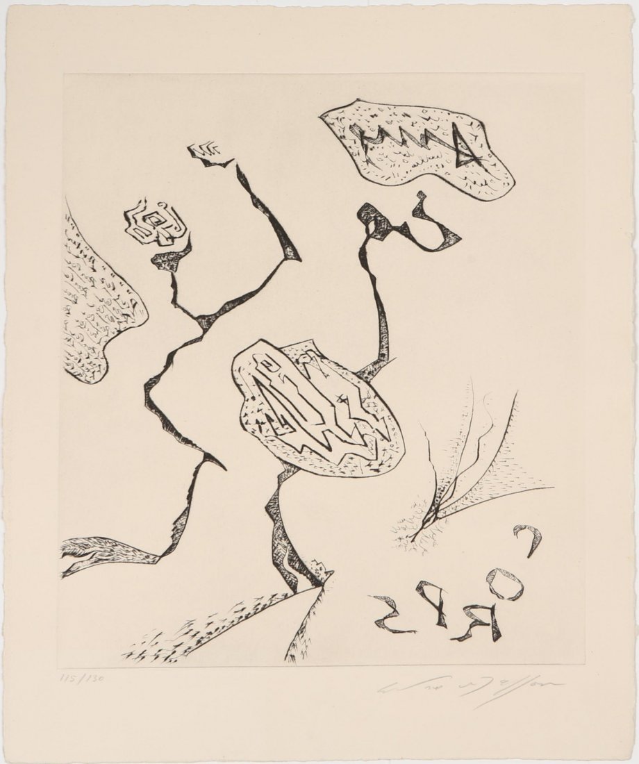 ANDRE MASSON CORPS SIGNED ETCHING: ANDRE MASSON CORPS SIGNED ETCHING Andre Masson (French, 1896-1987), "Corps," signed etching. Print #115/130. Signed in pencil on the bottom right. Image size: 11.5 x 9.25". Not framed. Size: Paper: 15