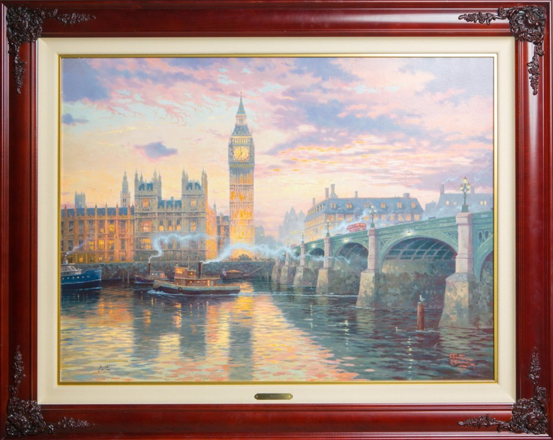 THOMAS KINKADE LONDON STANDARD NUMBERED CANVAS: THOMAS KINKADE LONDON STANDARD NUMBERED CANVAS Thomas Kinkade (American, 1958-2012), standard numbered canvas, 29-1950, 25.5 x 34", #43999. Framed in wooden frame with brass plate. "London is the rare