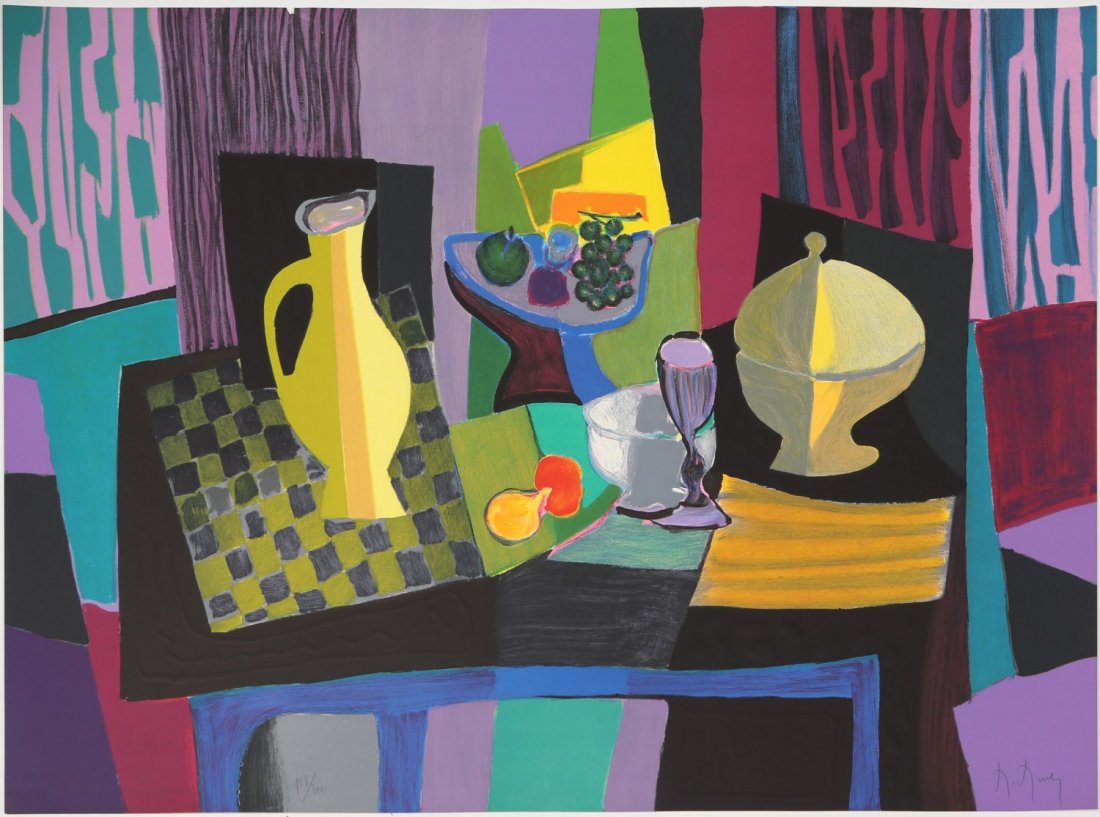 MOULY PICHET AU DAMIER SOUPIERE JAUNE SIGNED LITHO: MOULY PICHET AU DAMIER SOUPIERE JAUNE SIGNED LITHO Marcel Mouly, "Pichet Au Damier Soupiere Jaune," signed lithograph. Print number #128/300. Printed on BFK Rives paper. Signed in pencil in the lower