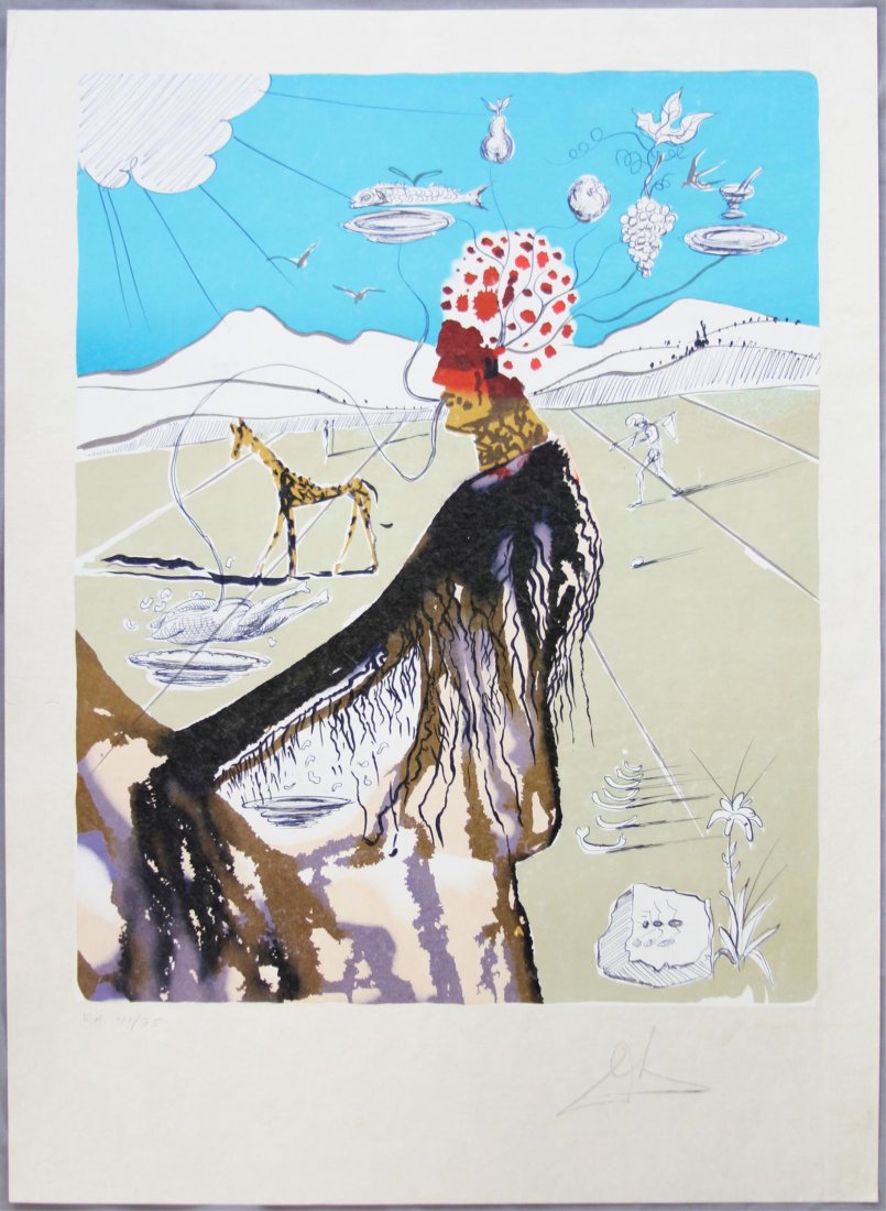 SALVADOR DALI THE EARTH GODDESS SIGNED LITHO: SALVADOR DALI THE EARTH GODDESS SIGNED LITHO Salvador Dali, "The Earth Goddess," signed litho. E.A. (artist proof) number 41/75. Olive-toned tan ground. Printed on a fibrous paper with a "Atelier Duma